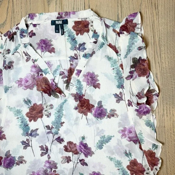 Paige Women’s Genie Floral Ruffle Sleeve Silk Sheer Blouse Top Size X-Small - Picture 6 of 14